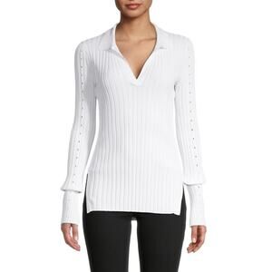 HELMUT LANG Slash Polo Ribbed White Blouse Sz M